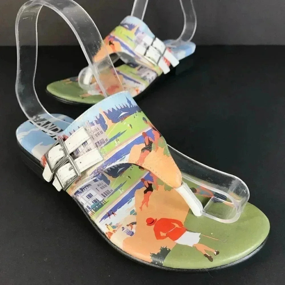 Icon Wearable Art Leather Sandals - Beach Scene Art Deco Print 6